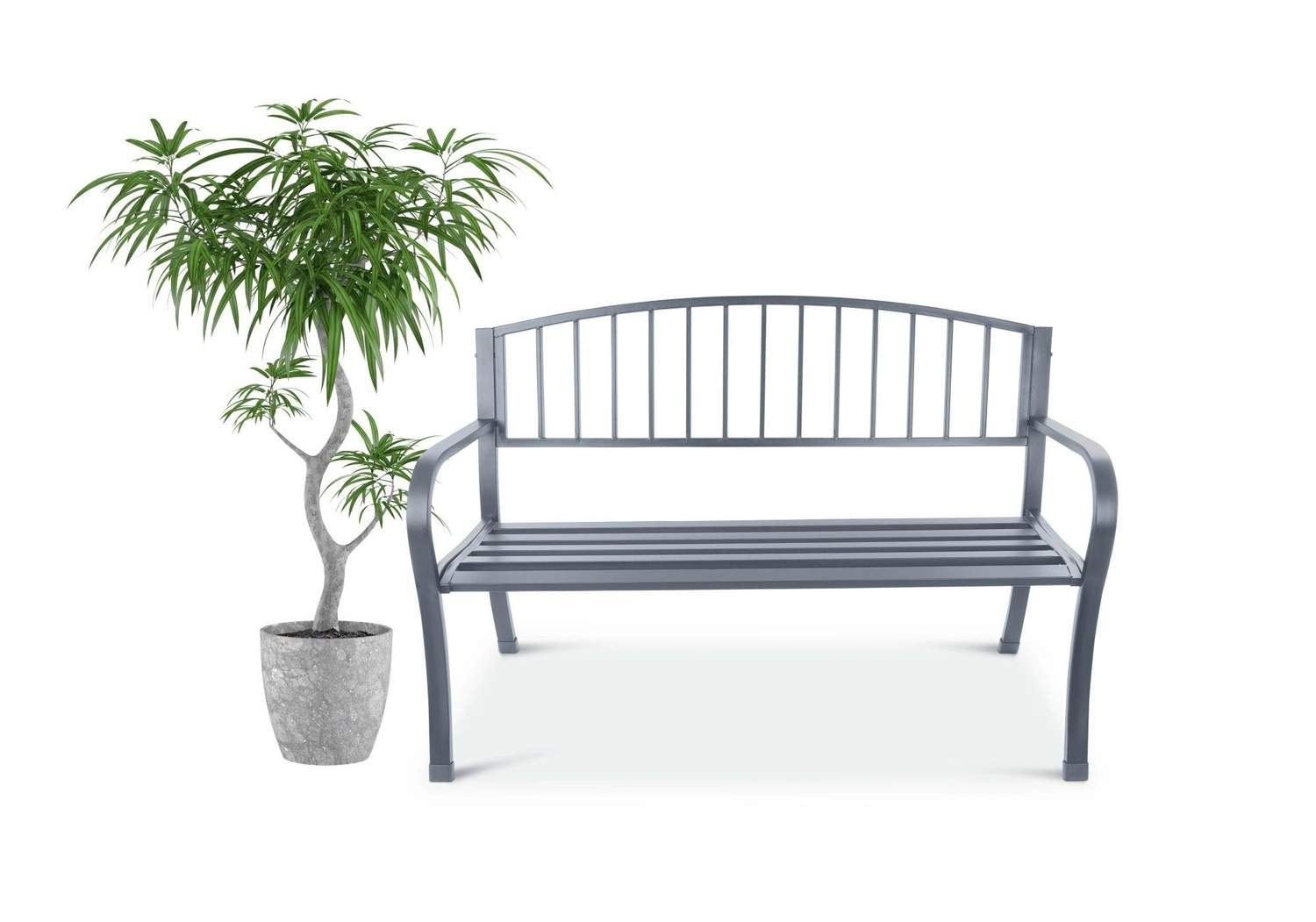 Havebænk med ryglæn, parkbænk til terrasse og altan, metalkonstruktion, grafit