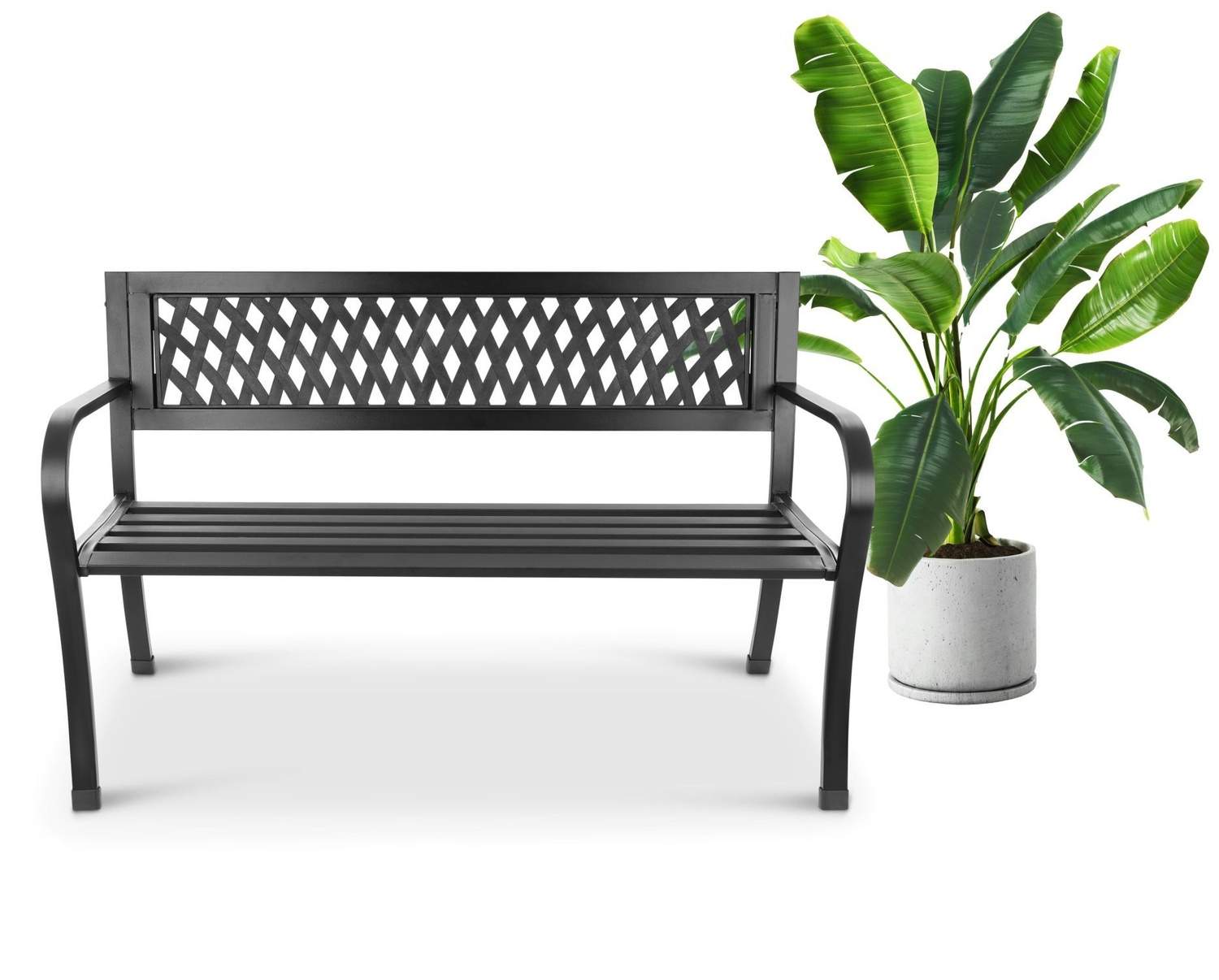 Prydhavebænk med ryglæn, parkbænk til terrasse og altan, metalkonstruktion