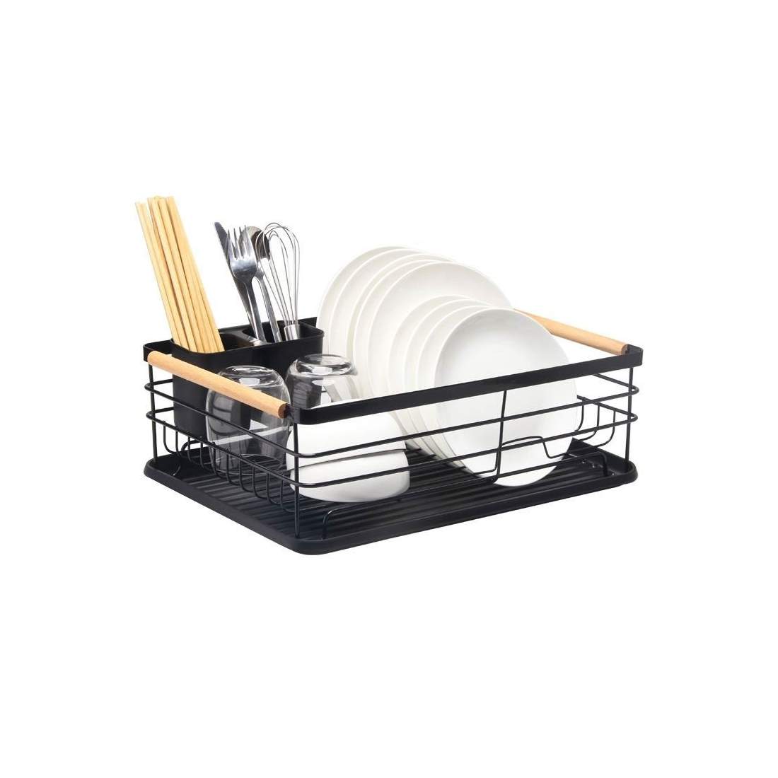 Enplans torkställ, avlopp med trähandtag, bricka, svart | Hem & Hobby - Hem & Hushåll - Kök - Servering - Bestick | Pryloteket