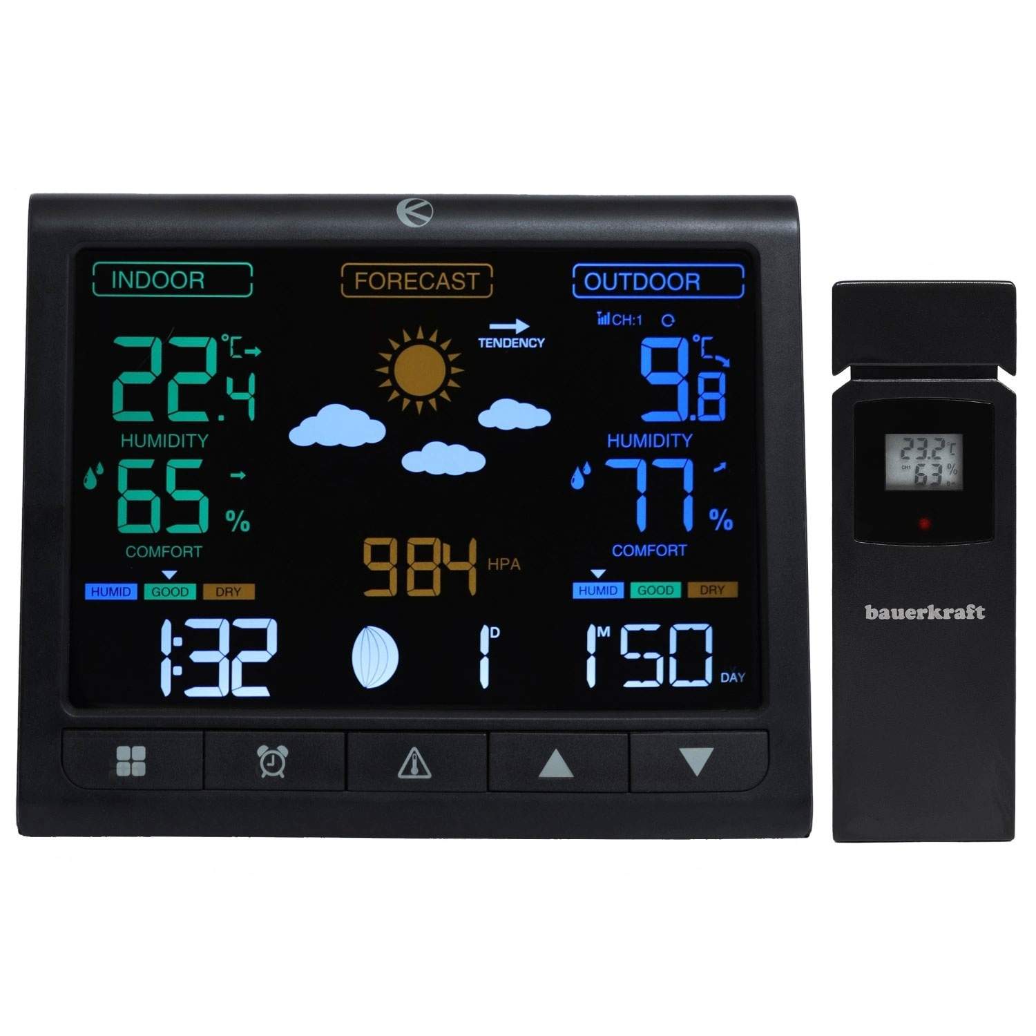 Baggrundsbelyst trådløs vejrstation med udendørs sensor, LCD display, termometer, barometer, ur