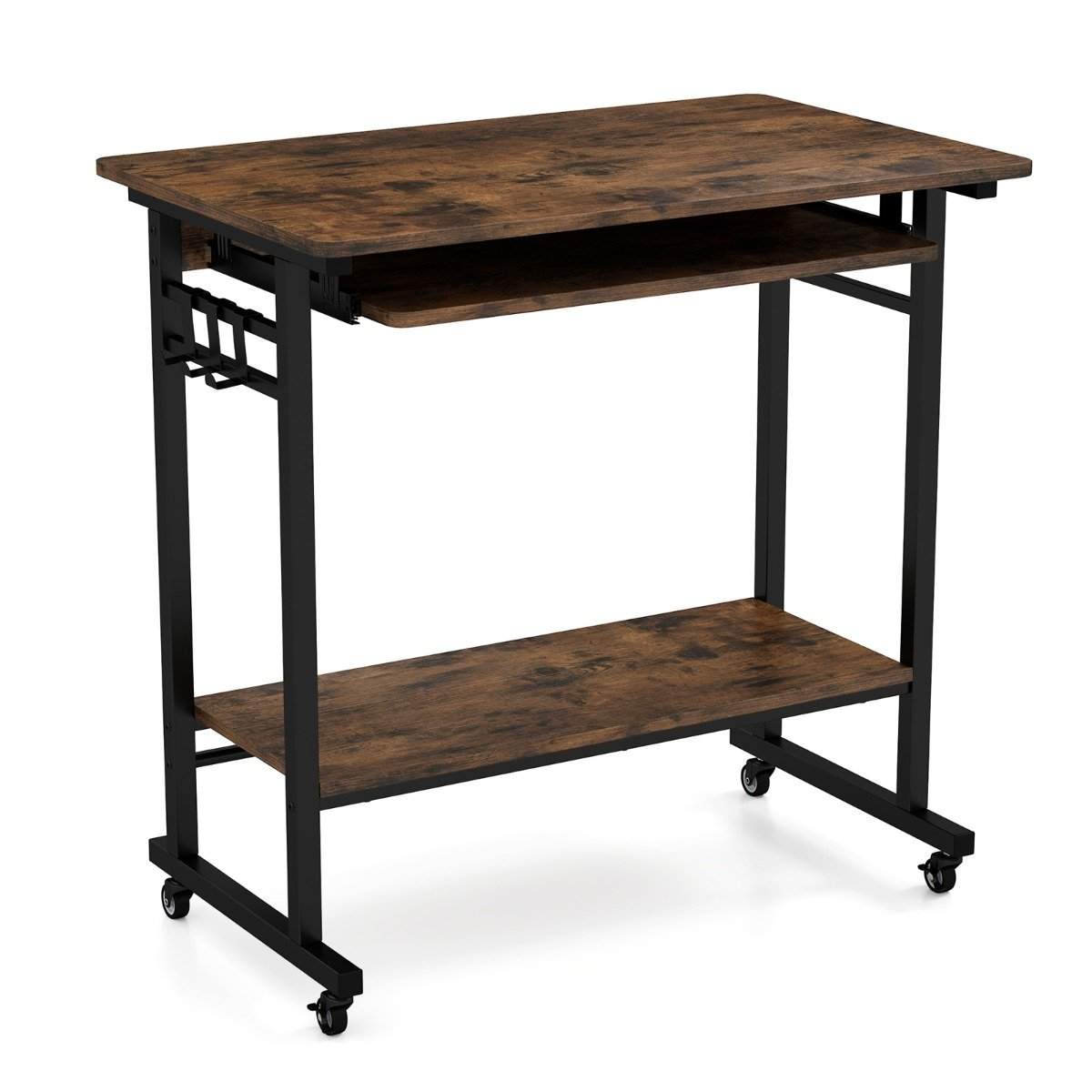 Skrivebord med hjul & tastaturhylde & bundhylde & kroge computerbord brun