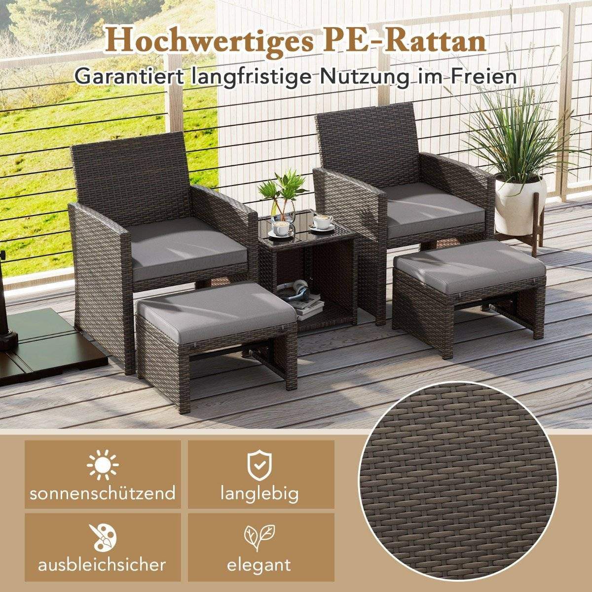 Sæt med 5 Rattan Møbelsæt Møbel Patio Siddesæt Brun + Grå