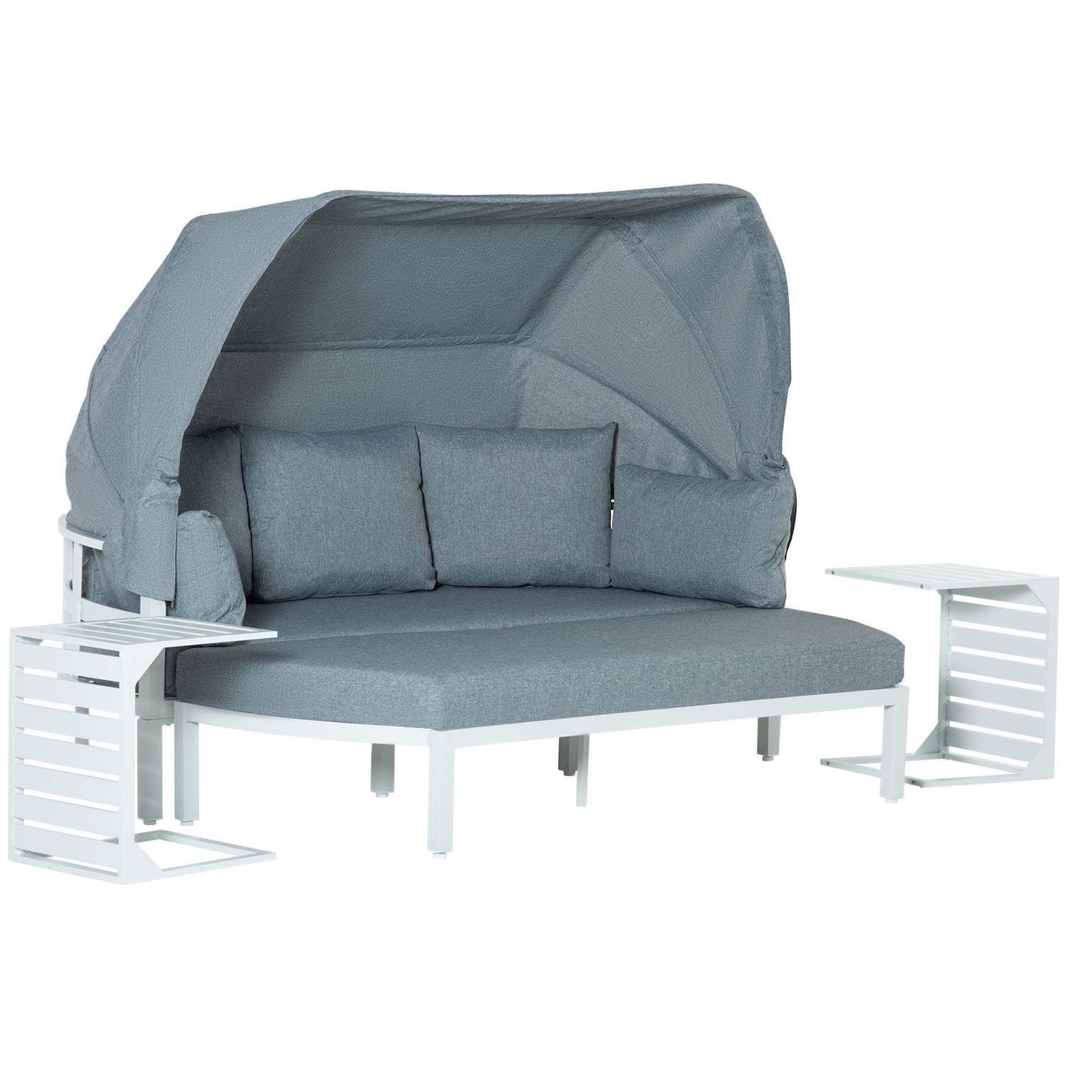 Havemøbelsæt til 5 personer med sidebord og tag, hynder af PP plast og polyester, 190/133W x 81D x 73/62H cm, hvid og grå |