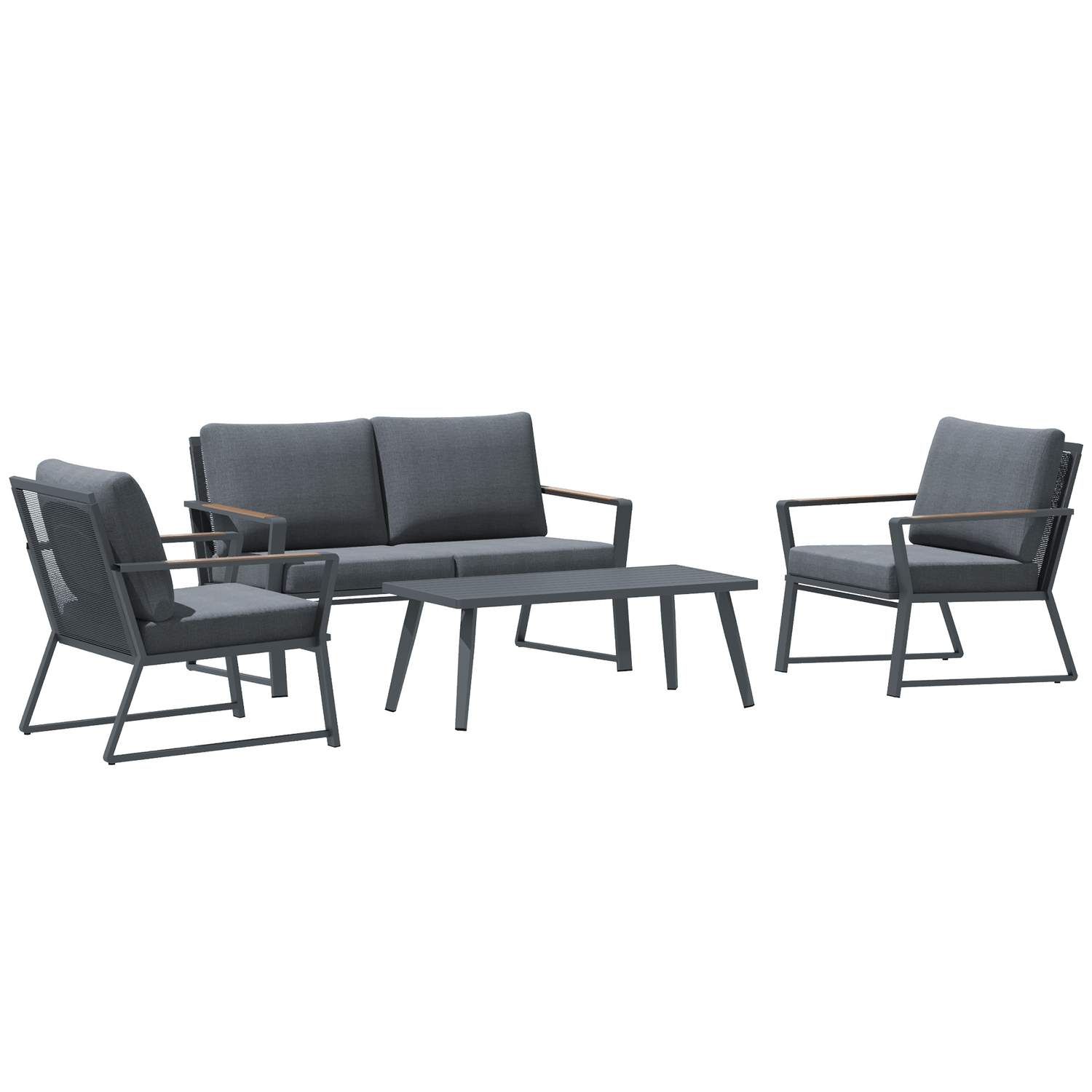 Havemøbelsæt til 4 personer, sofa med lænestol og sidebord, polyrattan & aluminium, grå, vejrbestandig & moderne |