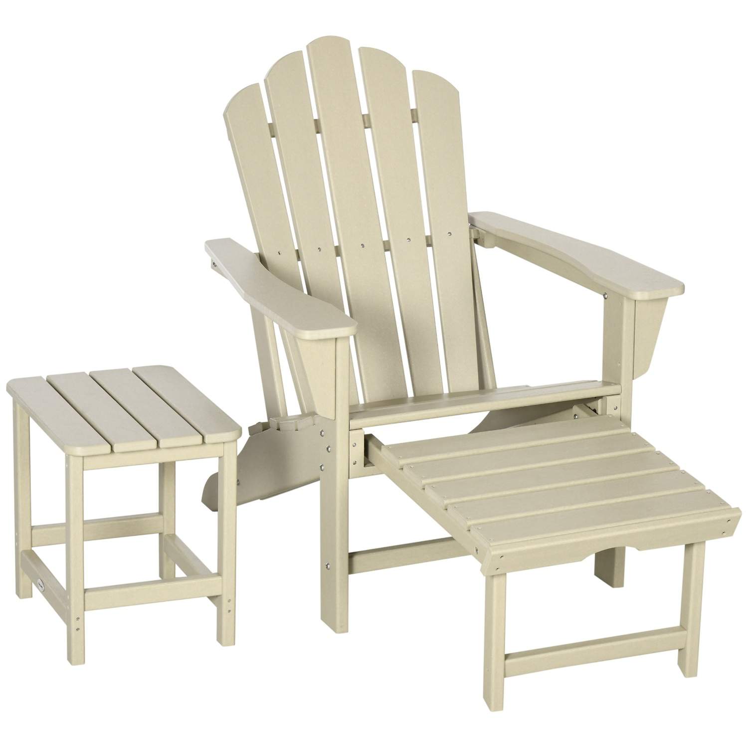 Adirondack havestol med sidebord og fodskammel, terrassestol med armlæn lavet af HDPE, sandfarvet til have og altan |