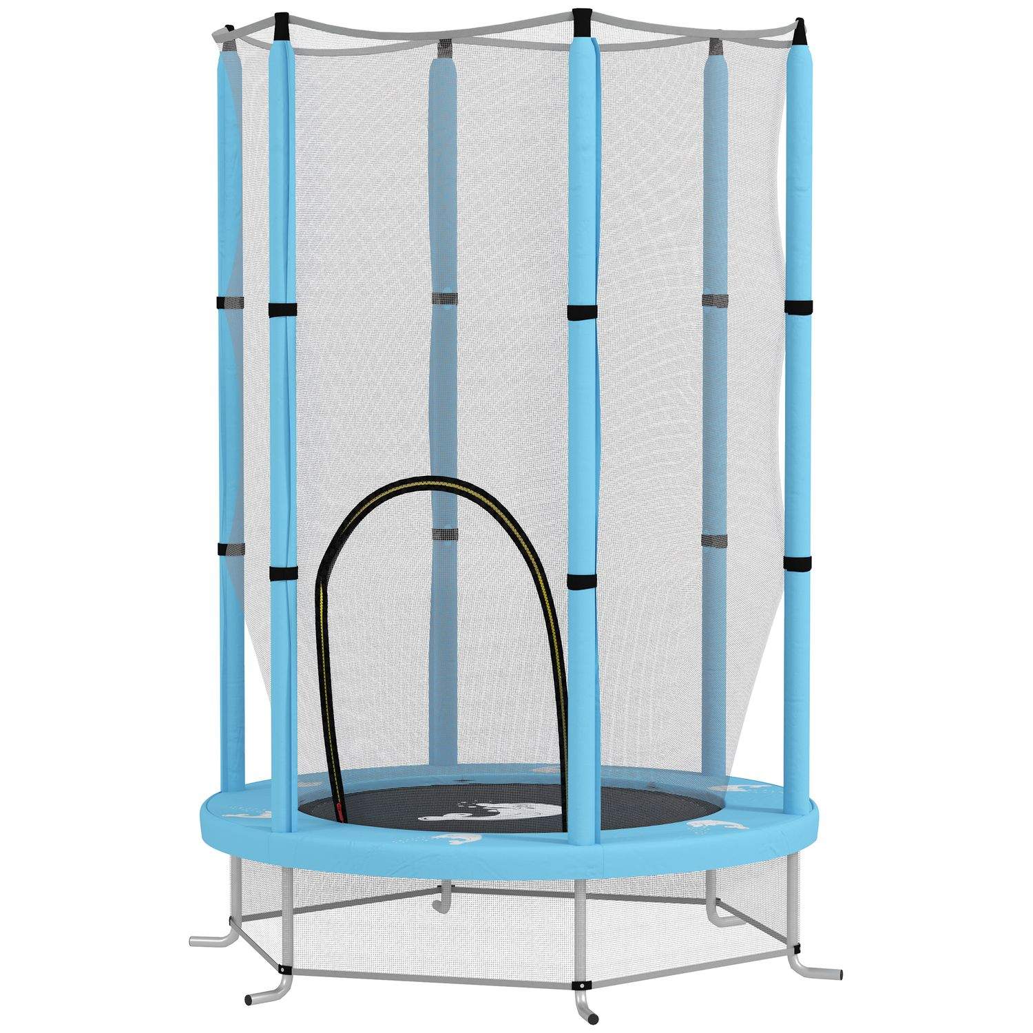 Børnetrampolin Ø140 cm, indendørs trampolin med sikkerhedsnet kantafdækning gummitov, børnetrampolin med dør med lynlås, blækspr