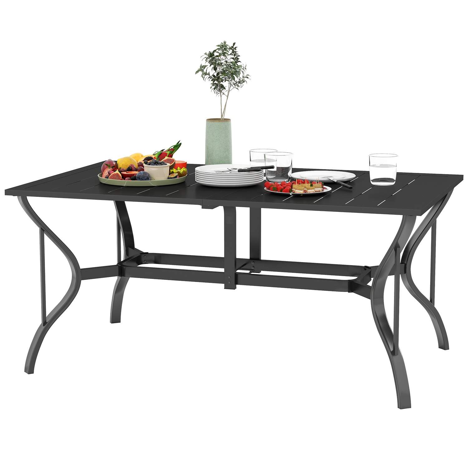 Stål Havebord 150x90 cm Vejrbestandigt altanbord med paraplyhul, lameldesign Buffetbord Campingbord til 6 personer Terrassebord