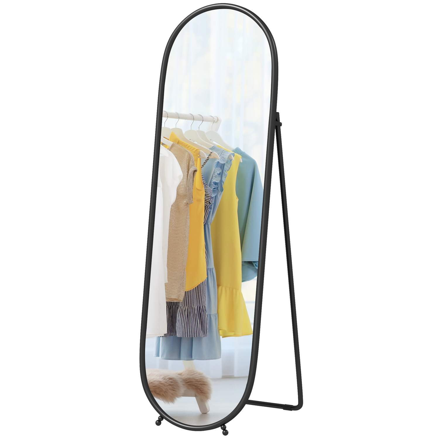 Spejl i fuld længde, 160 x 40 cm vægspejl med stativ, metalramme, ovalt stående spejl til stue, soveværelse, sort |