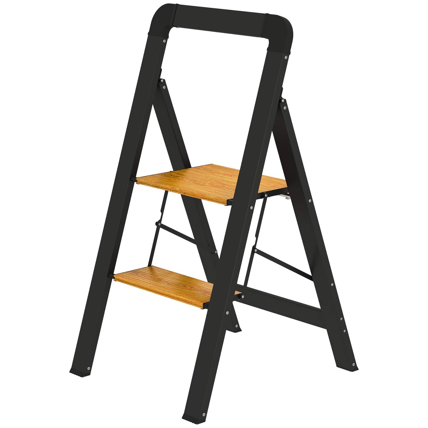 Trinstige foldetrin med 2-trins trappestige med håndtag, skridsikker platform op til 150 kg bæreevne aluminium sort 44,5 x 48 x