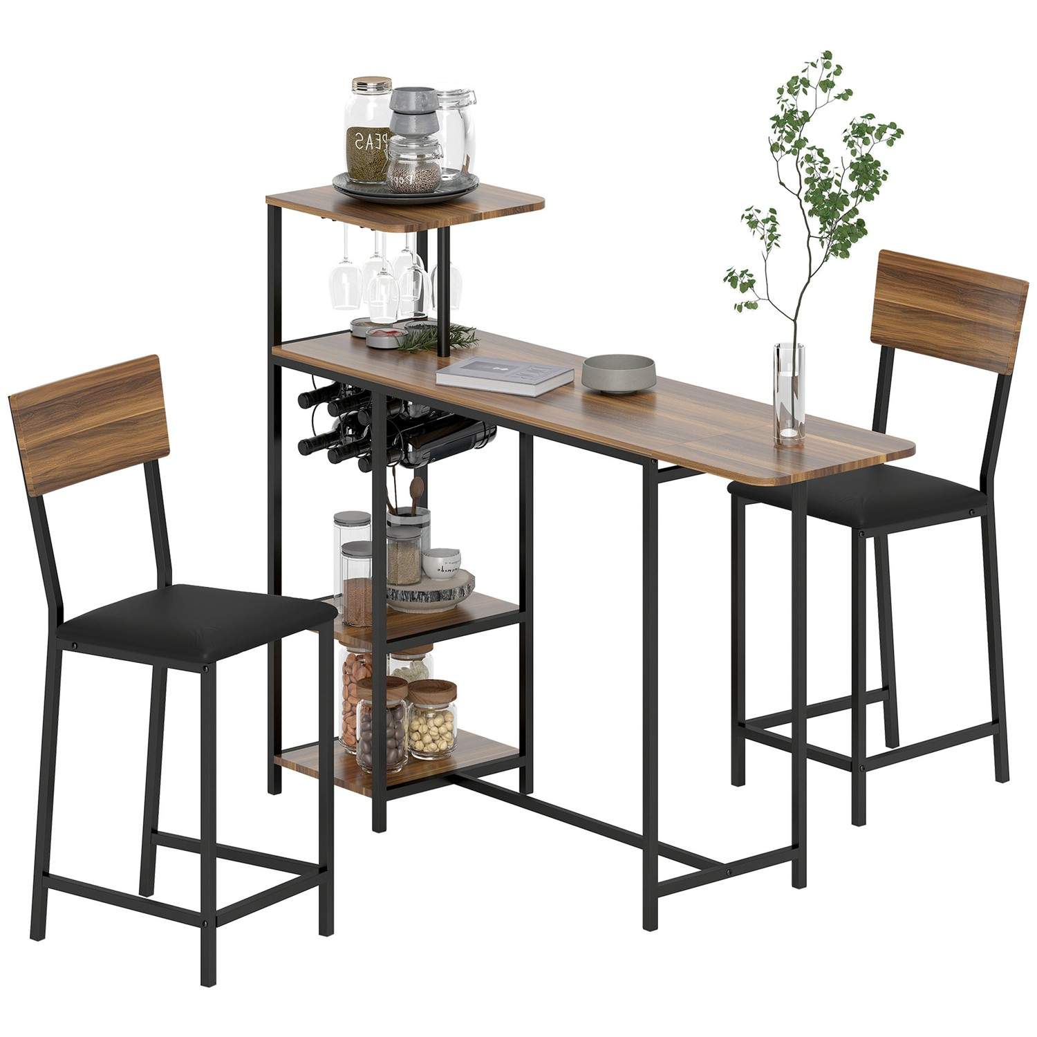 Barbord med barstolssæt, 3 stk. Barbordsæt med klapkøkkenbord, vinglasholder, vinreol, 2 barstole, stålstel, i moderne, spisegru