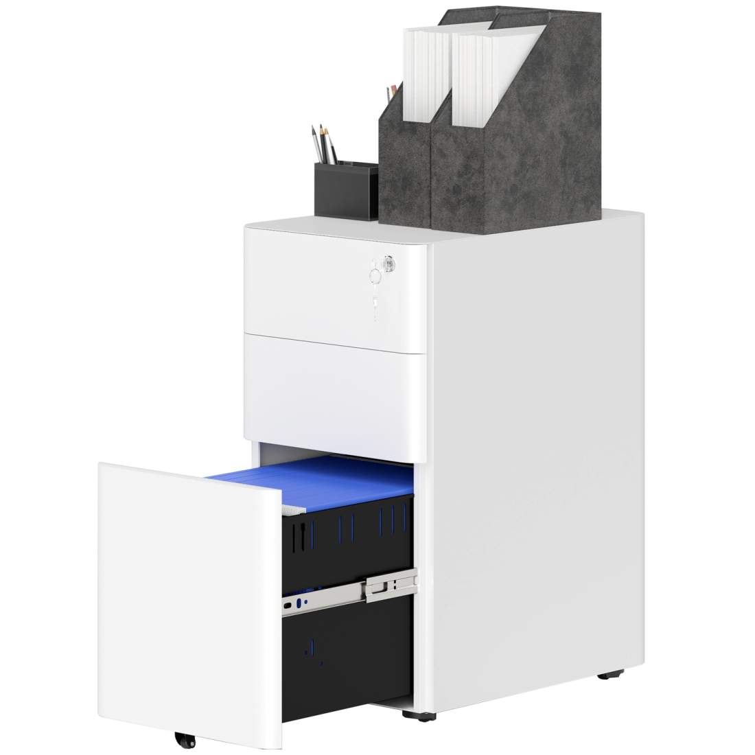 Rullcontainer, mobilt arkivskåp med 3 lådor, låsbart kontorsskåp, smalt med förmonterad kropp förutom hjul för A4, legal, letter | Hem & Hobby | Pryloteket