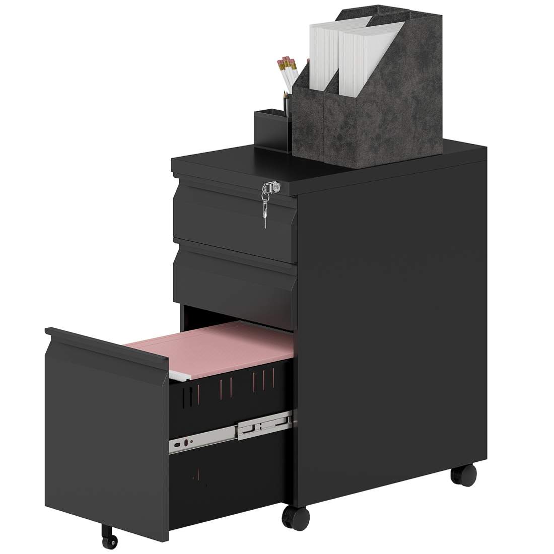 Rullbehållare med 3 lådor, mobilt arkivskåp med hjul, låsbart, kontorsskåp med hängmapp, pennfack för kontor, hemmakontor, 30 x | Hem & Hobby | Pryloteket