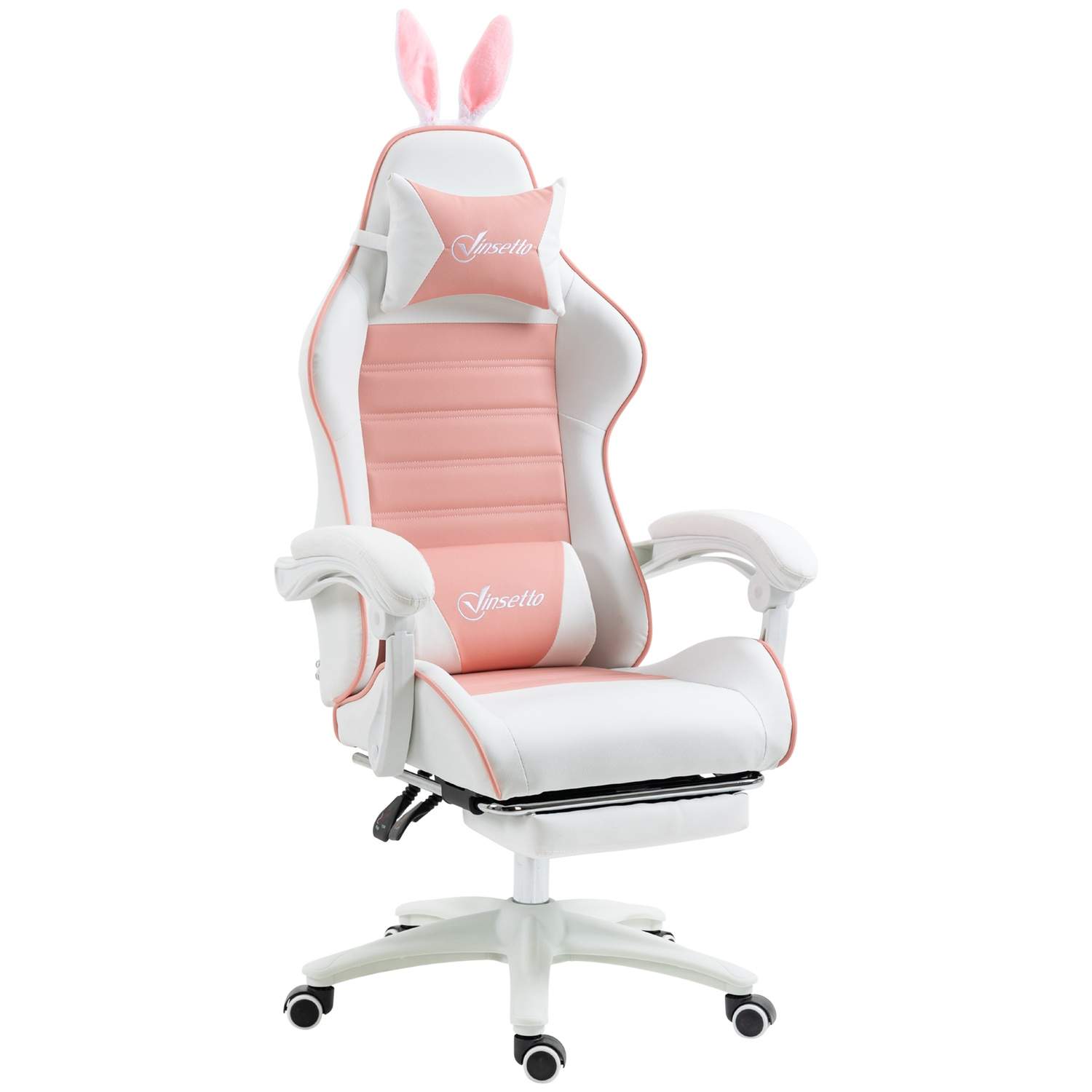 Gaming Chair Ergonomisk gamerstol med lændestøtte, fodstøtte, gaming stol med kaninører, pude, højdejusterbar kontorstol med jus