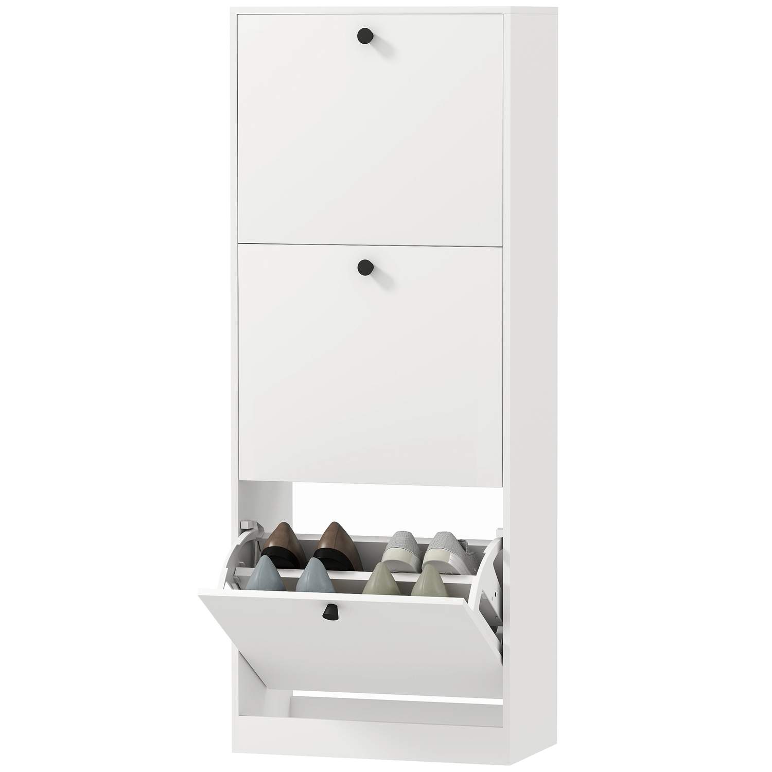 Skoskab med 3 klapper, skohylde med justerbar skillevæg, skokommode, smal skovipper til 12 par sko 47 x 26 x 120 cm, hvid |