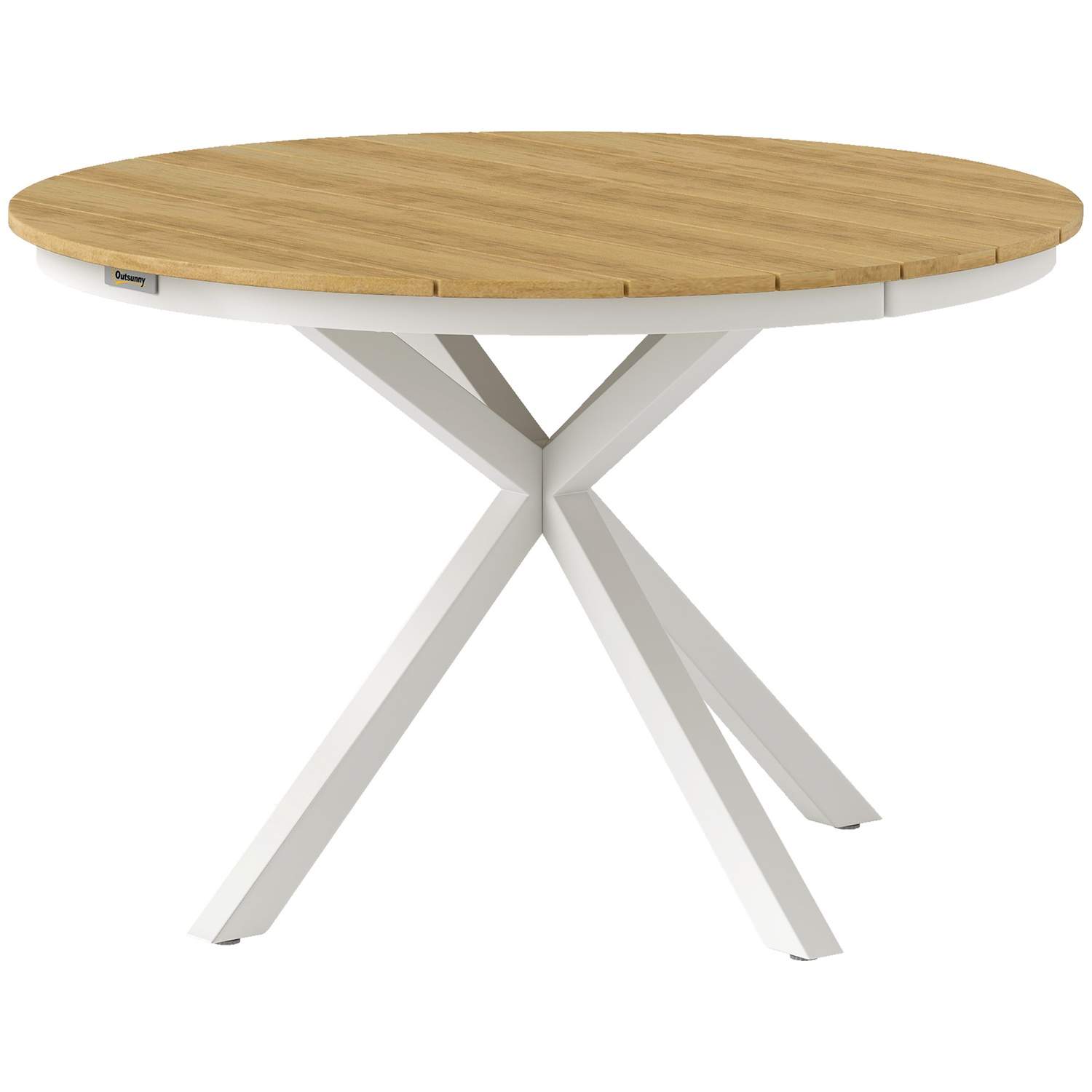 Havebord Ø118cm, vejrbestandigt altanbord lavet af aluminium, sidebord med krydsben lameldesign udendørs spisebord, campingbord,
