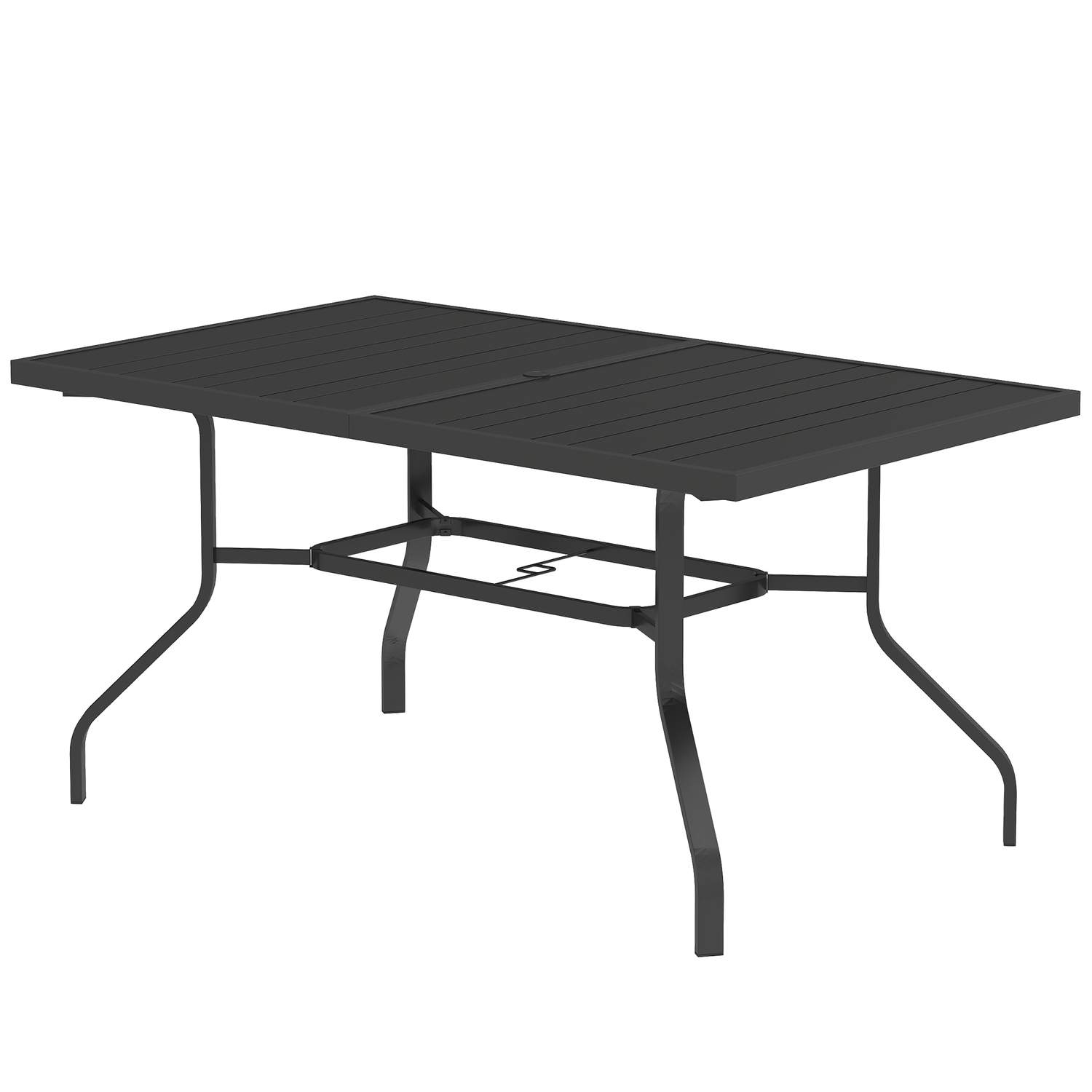 Havebord 152x90 cm, vejrbestandigt altanbord af stål, sidebord med paraplyhul, spaltedesign udendørs spisebord, campingbord, rek