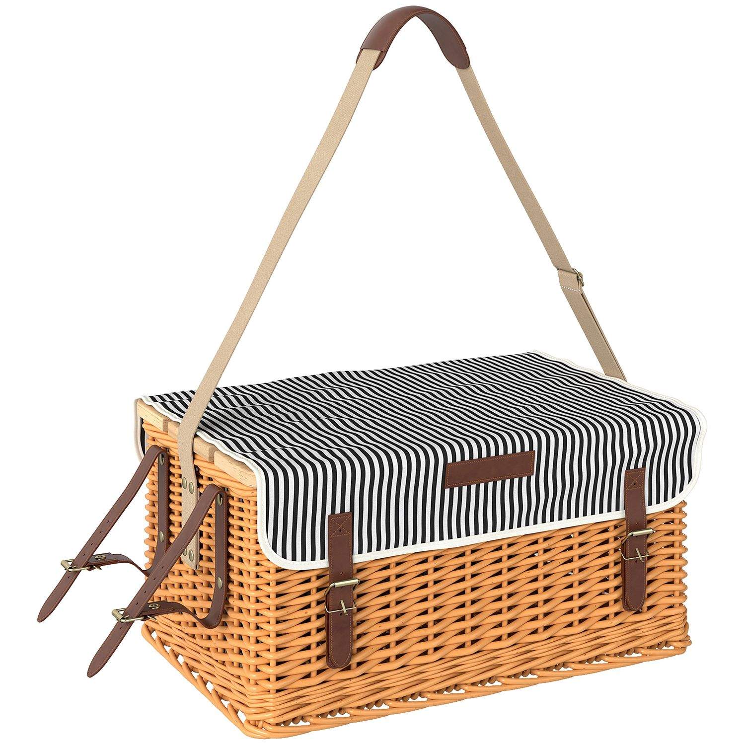 Picnickurv lavet af piletræ, picnickuffert til 4 personer med picnic-tæppe, bestiksæt, flaskeåbner, picnicbord, picnicsæt, kompl