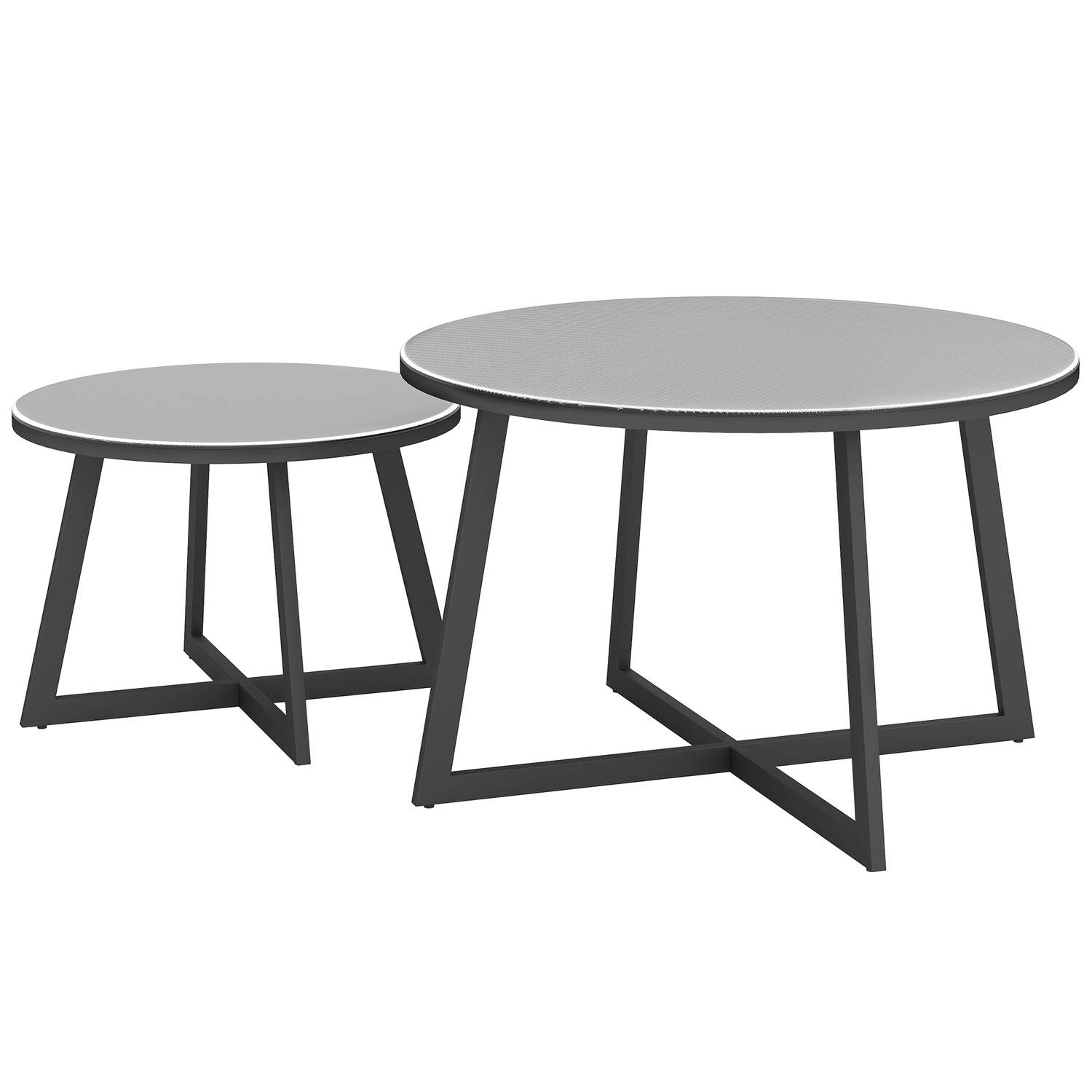 Sæt med 2 sideborde stabelbart havebord Rundt vejrbestandigt altanbord med X-ben Glasplade Stål Campingbord Sofabord til Stue Ko