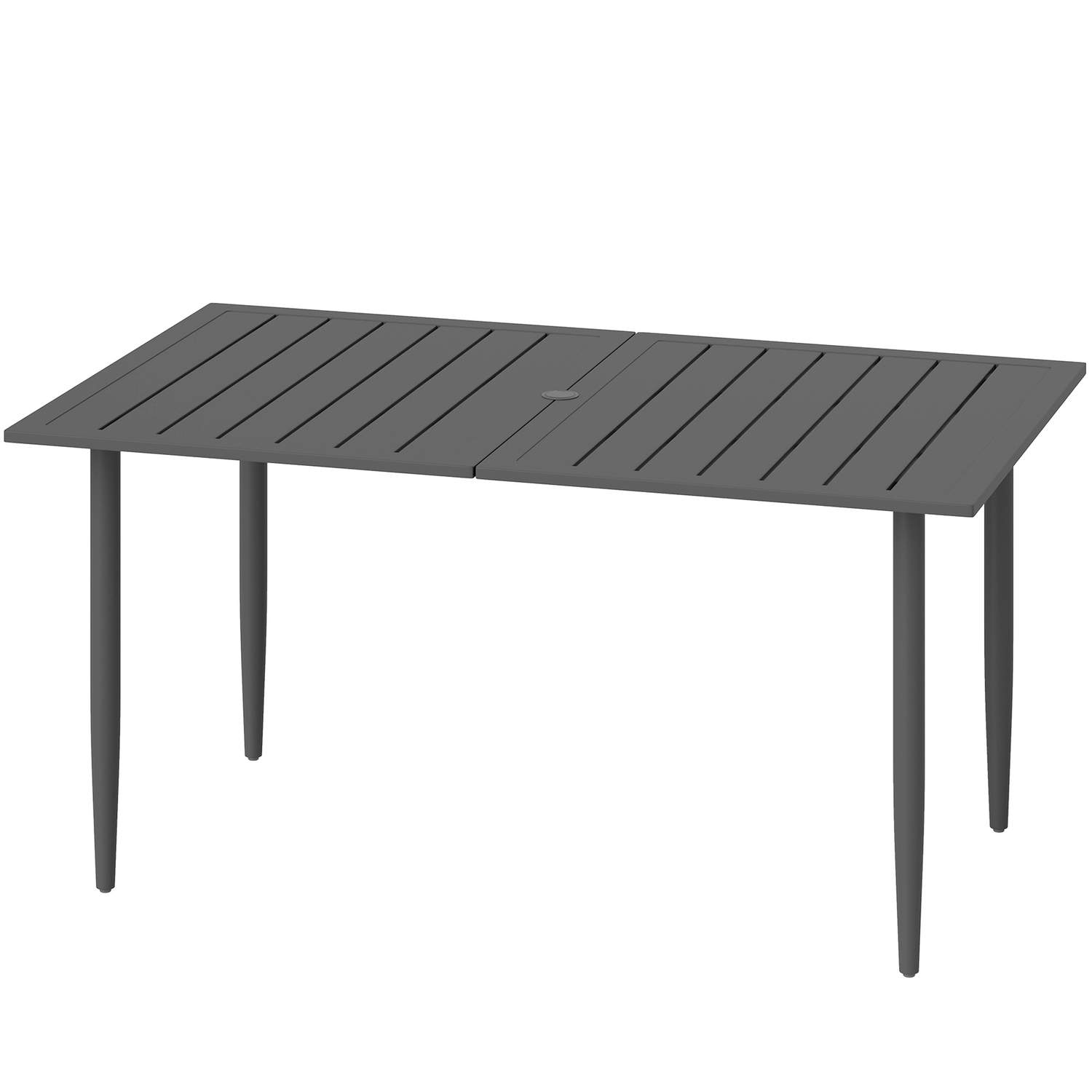 Havebord 150x90cm, vejrbestandigt altanbord af stål, altanbord med paraplyhul, lameldesign, udendørs campingbord, sidebord, rekt