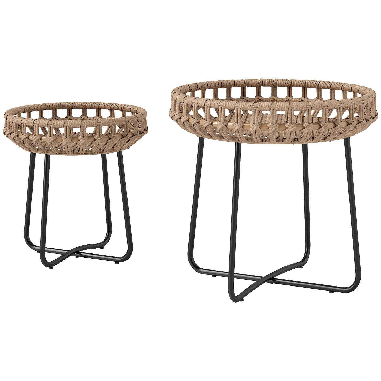 Sæt med 2 sideborde polyrattan Ø60/41 cm rundt vejrbestandigt havebord med X-ben justerbare trædepuder udendørs altanbord sofabo