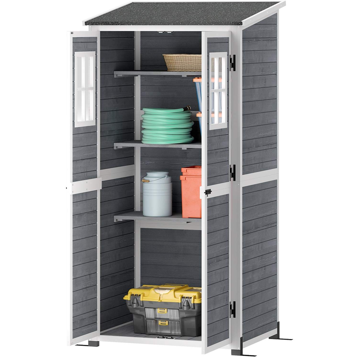 Haveskab i træ, redskabsskur med aflåselig dør, 2 vinduer, bundplade, asfaltophængt taghylde, 91x69x192cm, vejrbestandigt værktø