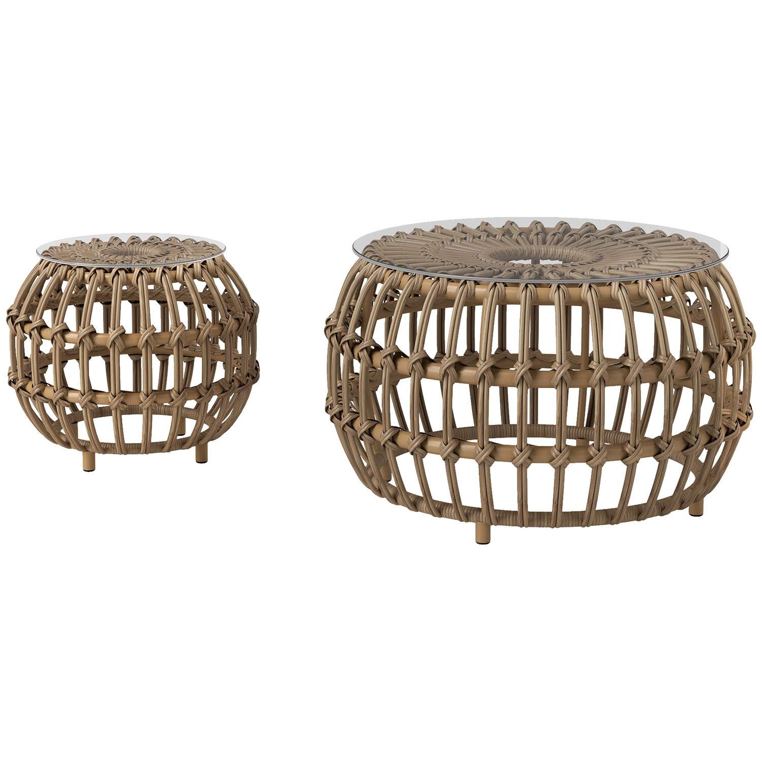 Sæt med 2 sideborde polyrattan Ø66/42 cm rundt vejrbestandigt havebord med glasplade udendørs altanbord sofabord havemøbler til