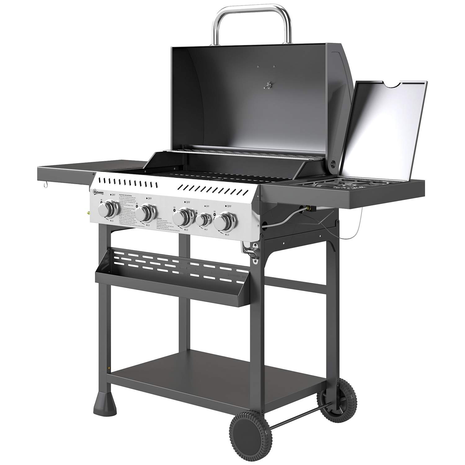 Gasgrill 12 KW 4+1 brænder BBQ grillvogn lavet af rustfrit stål inklusive sidebrænder termometer grillrist kogeplade flaskeåbner