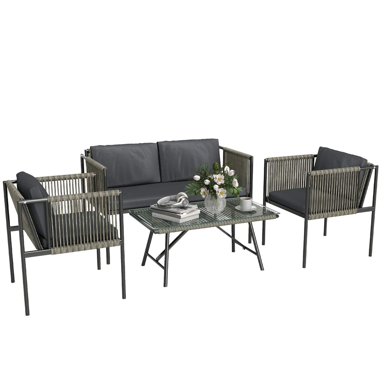 Havemøbelsæt lavet af polyrattan loungesæt med 2 sofastole glasbordhynder vejrbestandige altanmøbler til 4 personer udendørs sid
