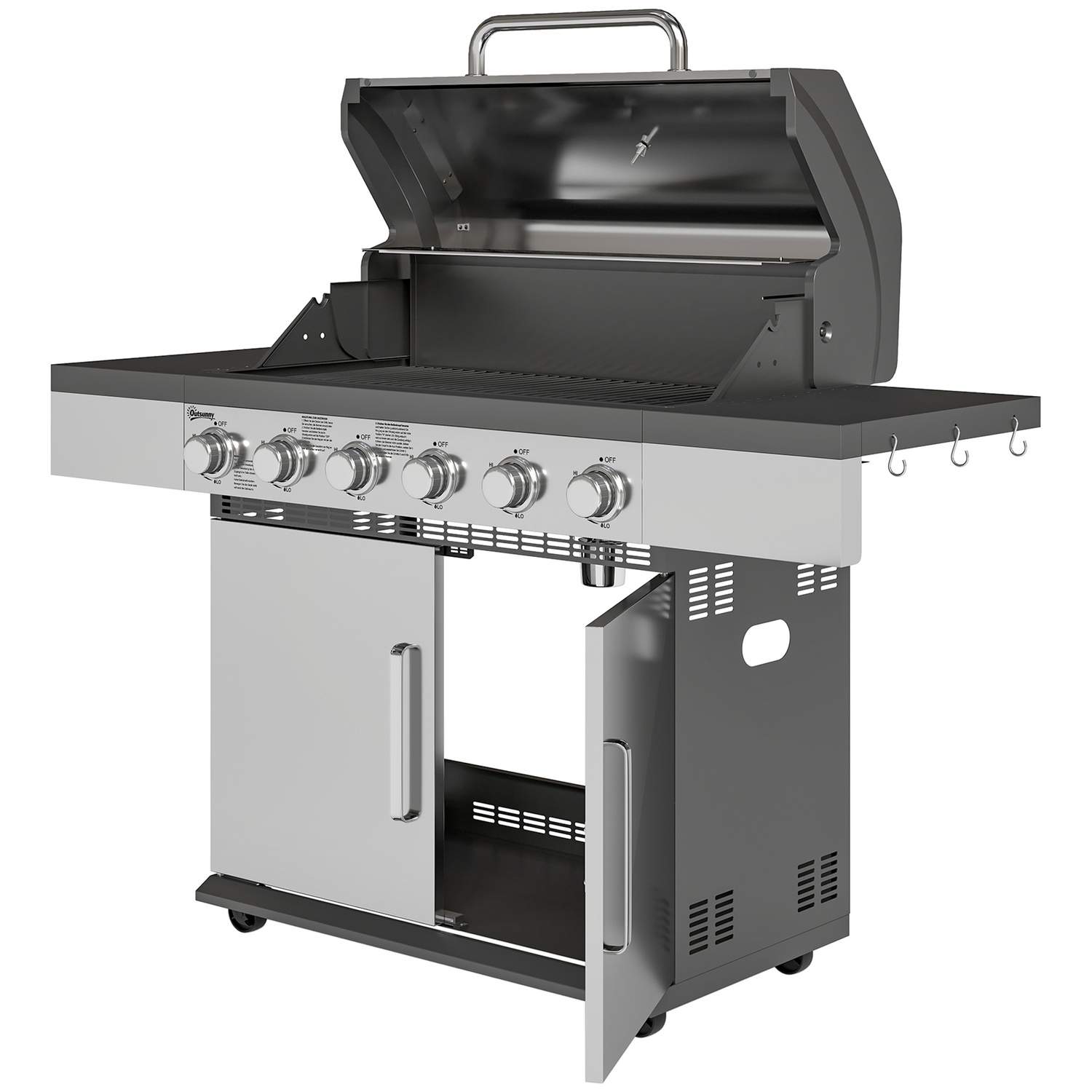 Gasgrill 8500BTU grillvogn inkl. 6 rustfri stålbrændere rulletermometer trykreduktion gasslange låg sidehylder, BBQ havegrill ti