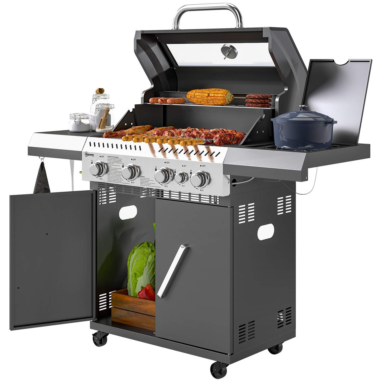 Gasgrill 12 KW grillvogn inkl. 5 brændere sidekomfur rulle trykreduktion låg gasslange 2 varmezoner termometer sidehylder, BBQ h