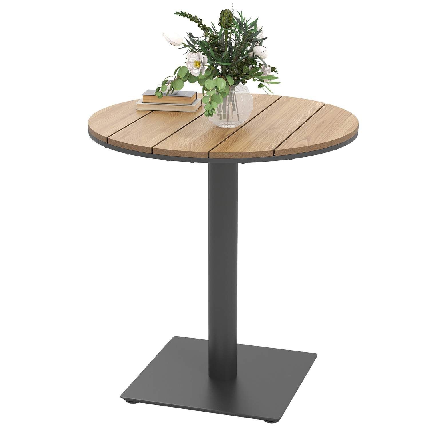Havebord Ø70 cm, vejrbestandigt rundt altanbord med lameldesign, udendørs spisebord i stål, campingbord, sidebord, terrassebord
