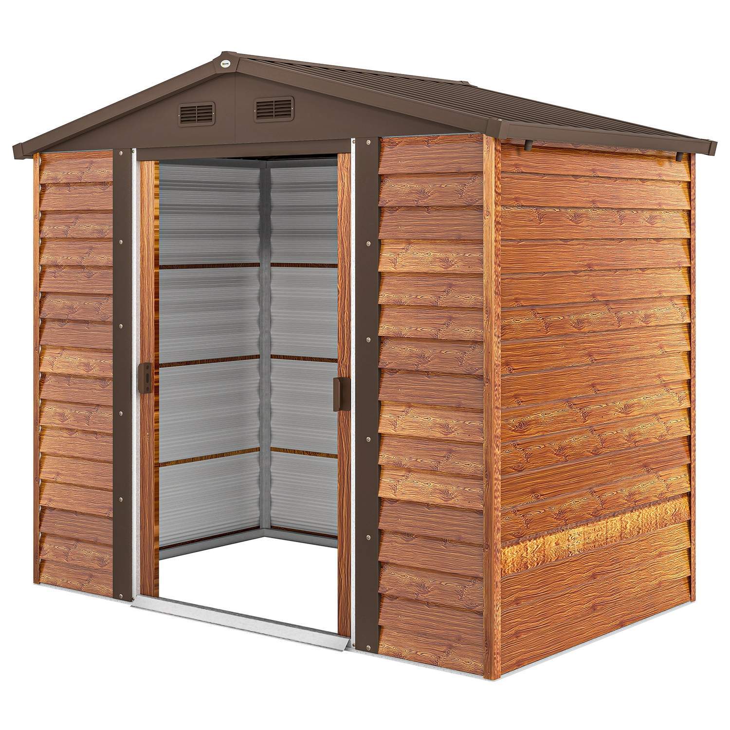 Værktøjsskur i metal i trælook 3 m² 152 x 235,7 x 208,7 cm Værktøjsskur med gavltagsvindue Dobbelt skydedøre Vejrbestandig haves