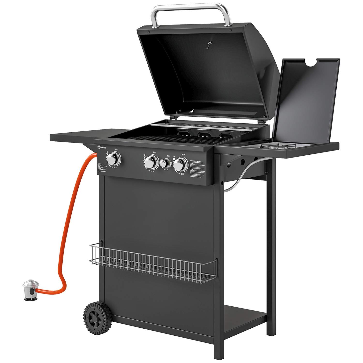 Gasgrill 9,5 KW grillvogn inkl. 4 brændere sidekomfur rulle trykreducer gasslange låg 2 varmezoner termometer sidehylder, BBQ ha