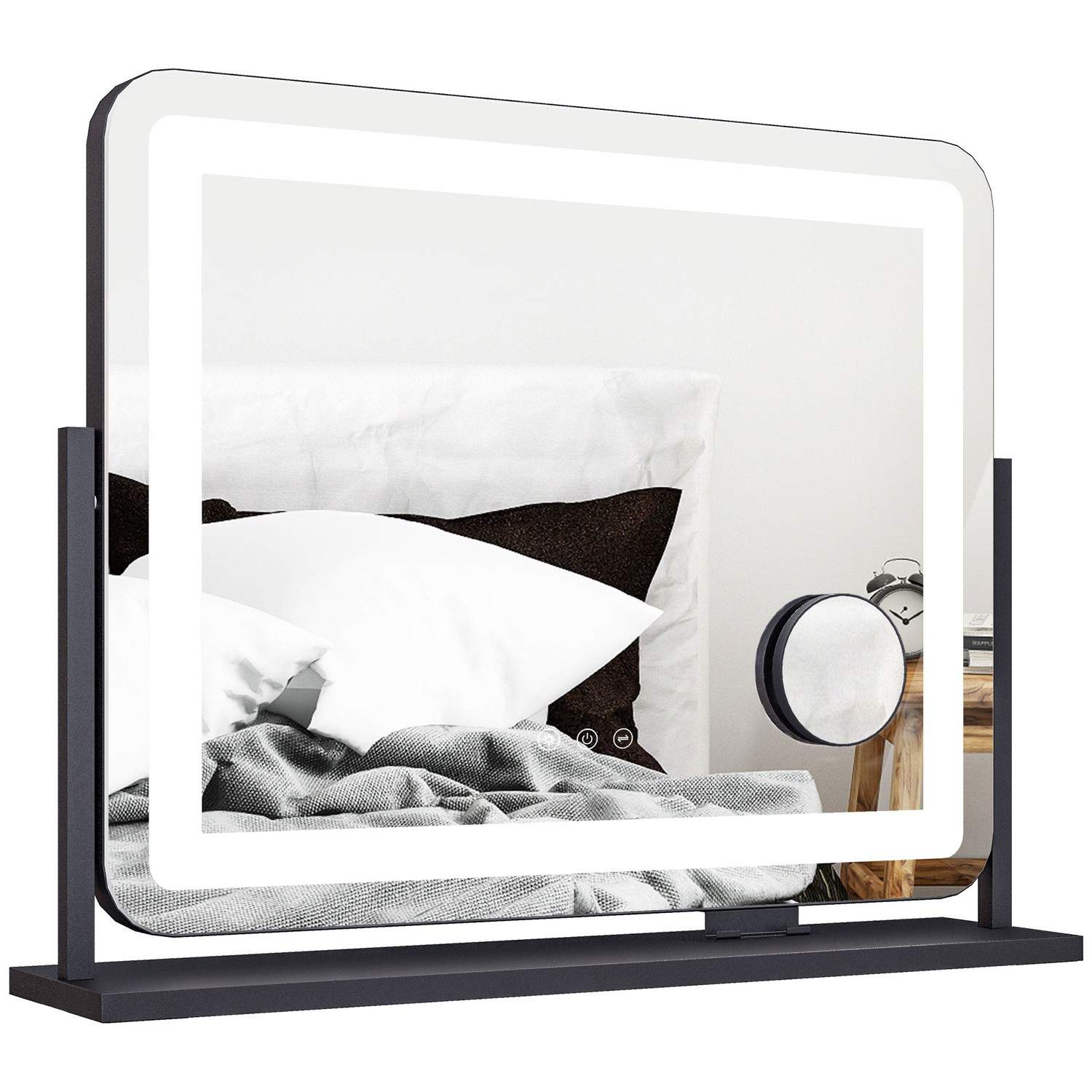 Makeupspejl med belysning, LED kosmetikspejl med 3 lysfarver, bordspejl med 10X forstørrelse, mobiltelefonholder, USB-opladnings