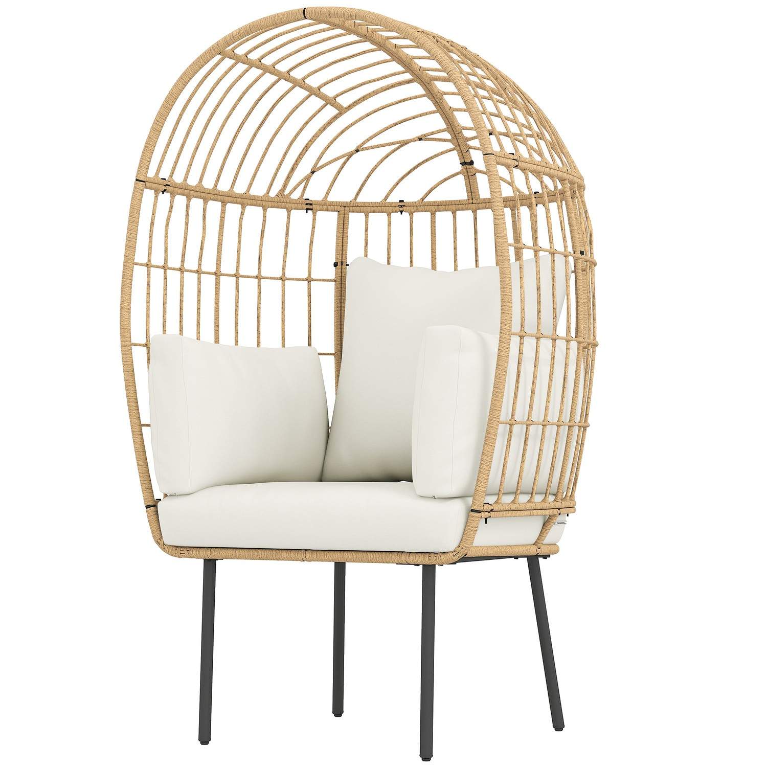 Æggeformet rattanstol med aftagelig pude, polstring, overdimensioneret udendørs stol lavet af rattan, vejrbestandig fletstol Hav