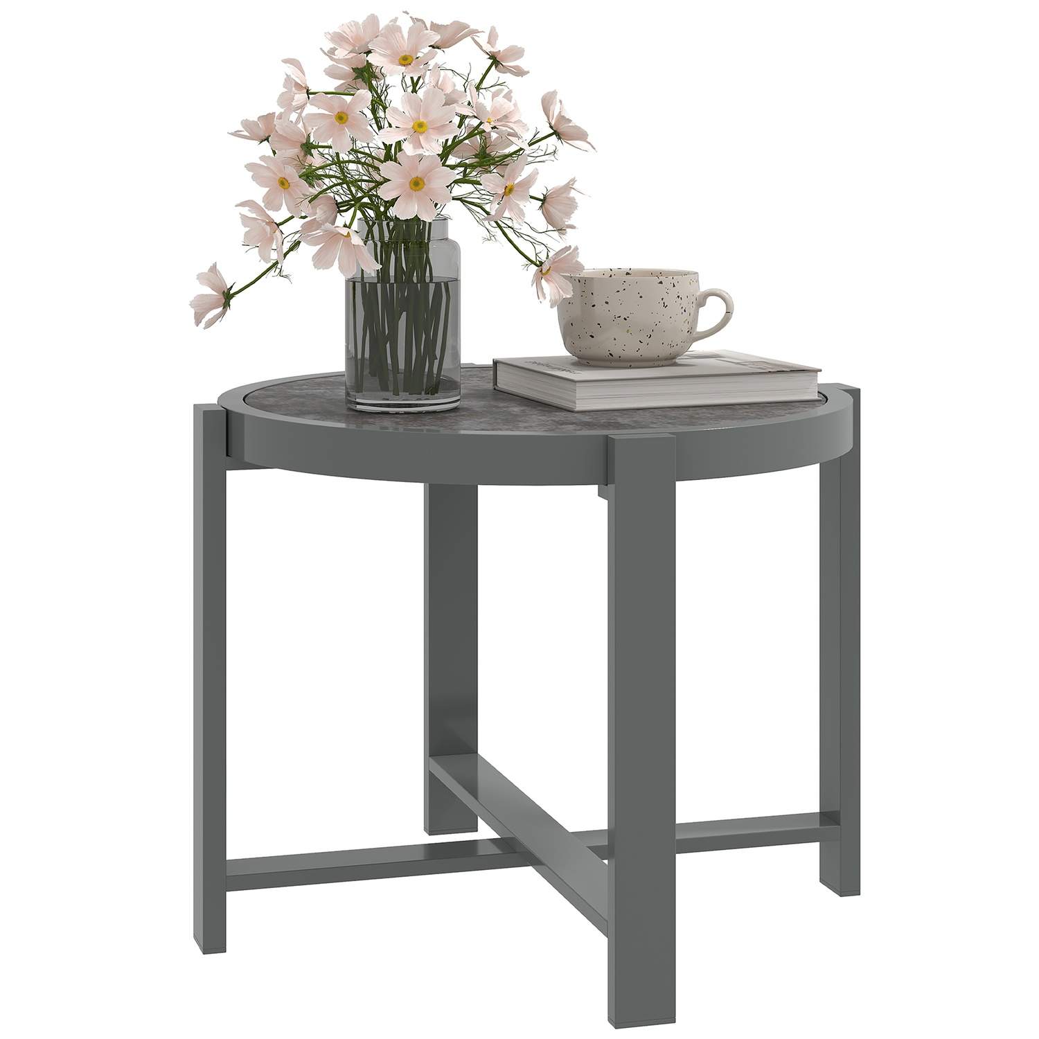 Sidebord havebord rundt vejrbestandigt aluminium altanbord med marmorlook campingbord sofabord til stue kontor udendørs indendør