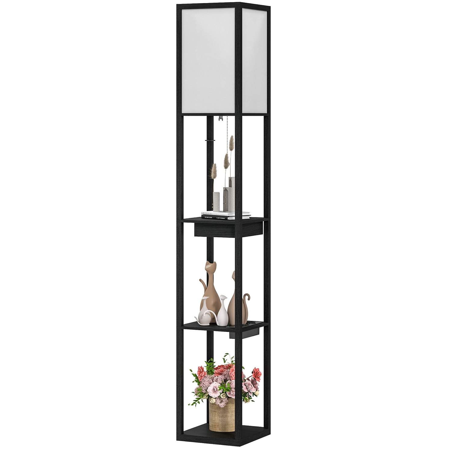 Gulvlampe, standerlampe med 3 rum, E27 sokkel, standerlampe med stof lampeskærm, USB-A, USB-C porte til stue, hvid + sort, ekskl