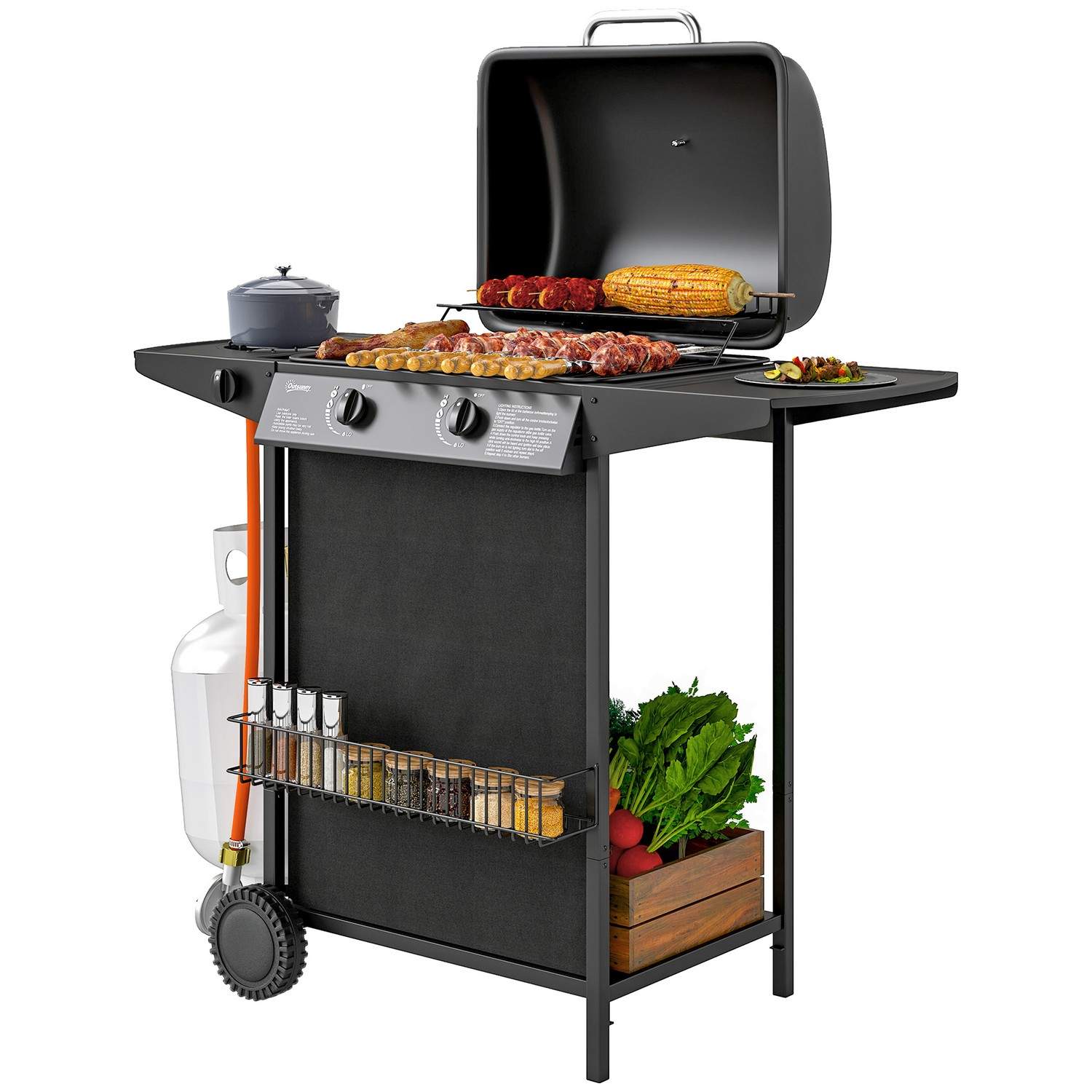 Gasgrill 7 KW grillvogn inkl. 3 brændere sidekomfur rulle trykreduktion låg gasslange 2 varmezoner termometer sidehylder, BBQ ha