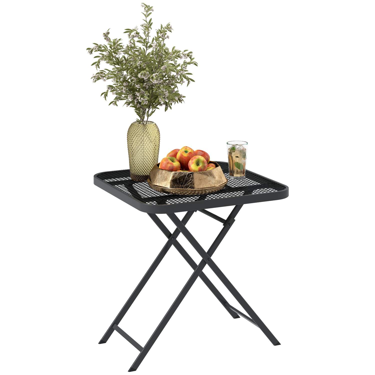 Sammenklappeligt havebord 70 x 70 cm, vejrbestandigt altanbord, stålklapbord med udskæring, udendørs spisebord, firkantet sidebo