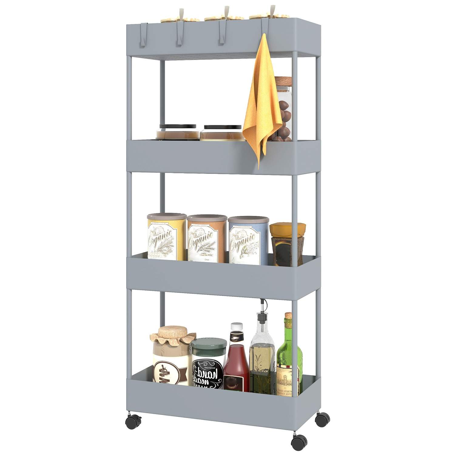 Rullevogn, køkkenhylde med 4 etager, opbevaringsstativ med hjul, køkkenvogn med bremser, serveringsvogn til køkken, soveværelse,