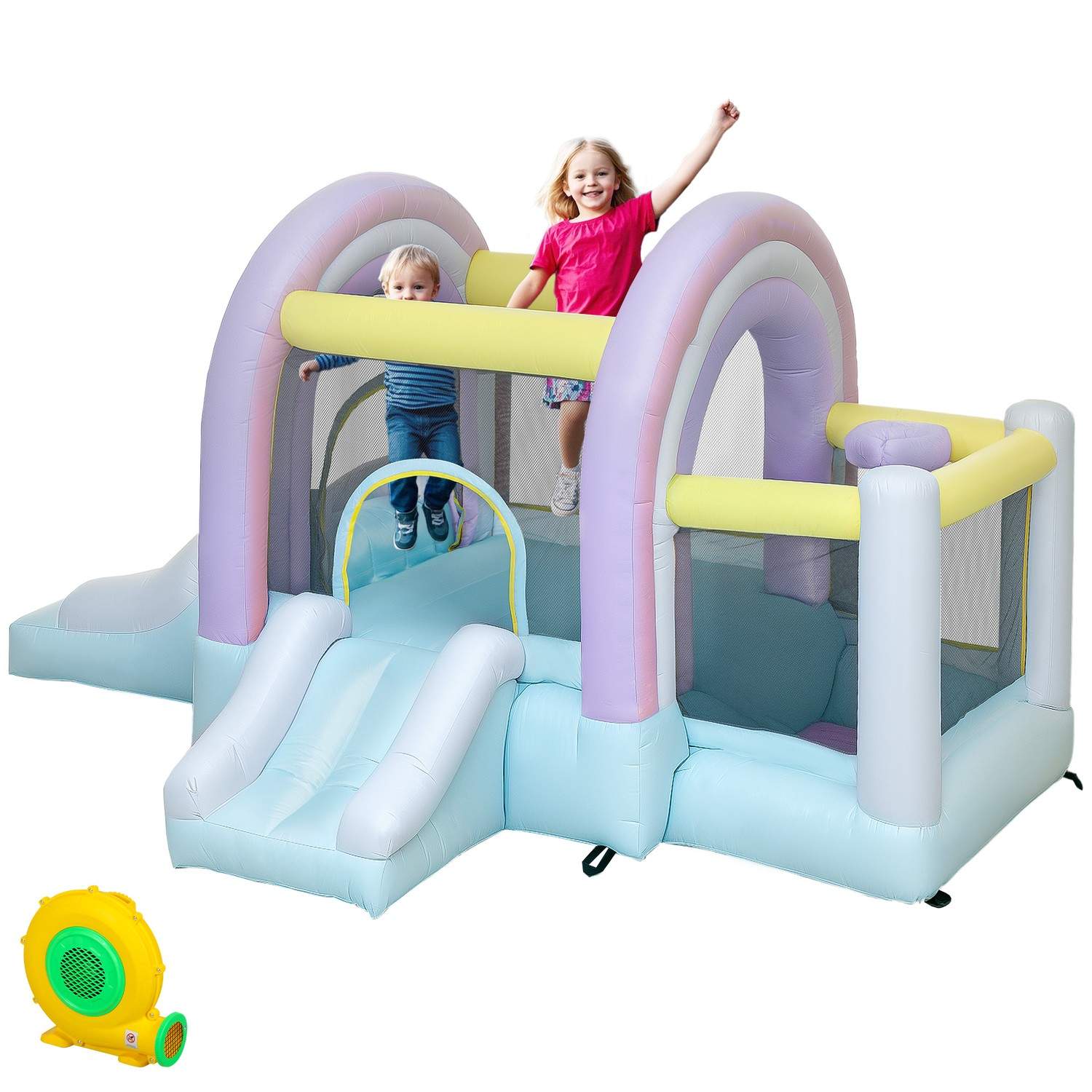 Pomppulinna puhaltimella, liukumäellä, hyppyllä, koripallorenkaalla puhallettava hyppylinna kantolaukulla sisäkäyttöön ulkokäytt