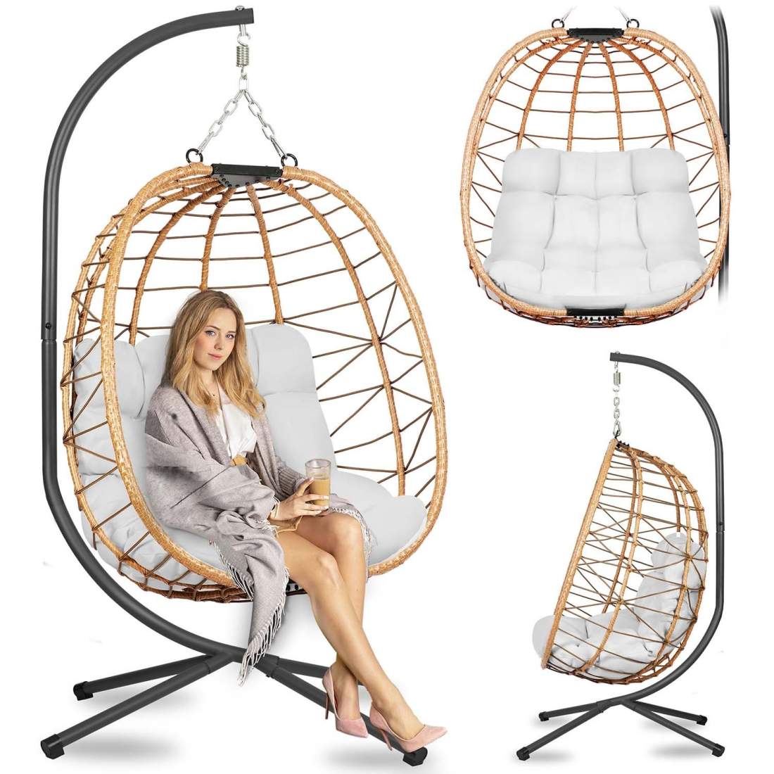 Tihuana brun hängande trädgårdsstol + grå kuddar Sofotel