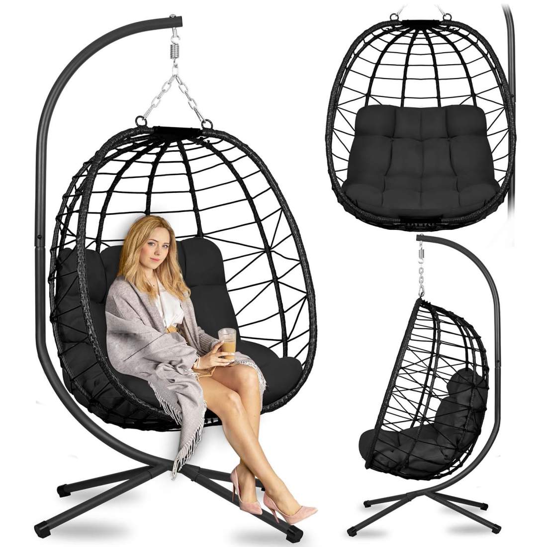 Tihuana svart hängande trädgårdsstol + svarta kuddar Sofotel | Hem & Hobby | Pryloteket