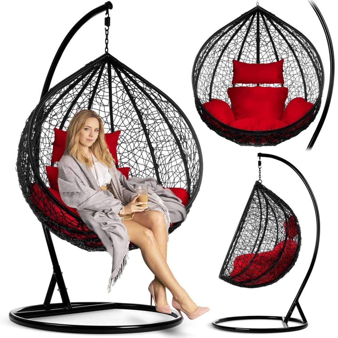 Havanna svart hängande trädgårdsstol + röda kuddar | Hem & Hobby | Pryloteket