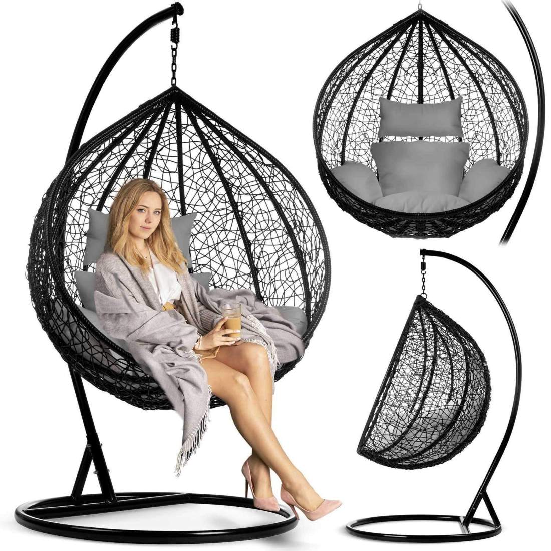 Havanna svart hängande trädgårdsstol + gråa kuddar | Hem & Hobby | Pryloteket