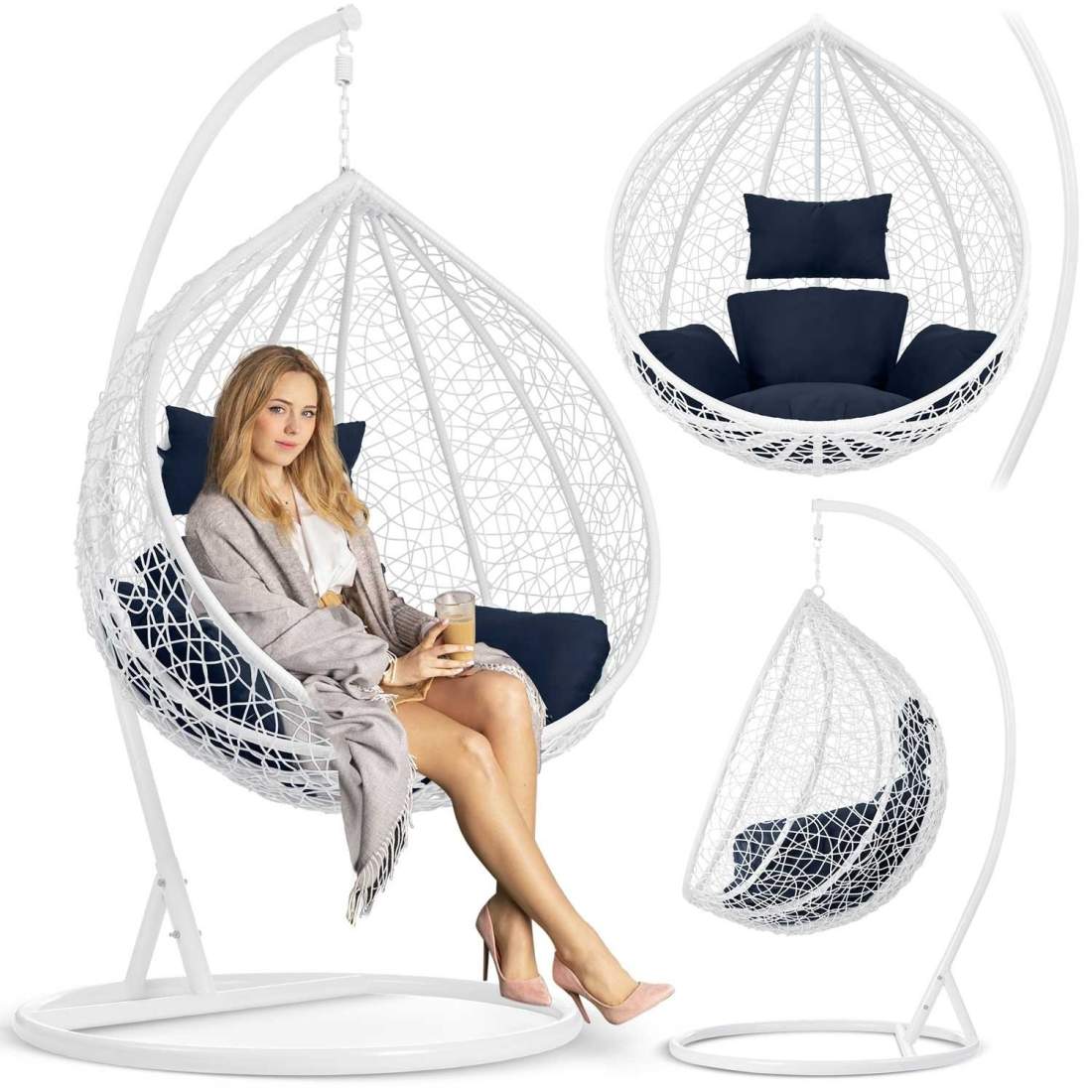 Trädgårdshängande gungstol Havanna vit + mörkblå kuddar | Hem & Hobby | Pryloteket