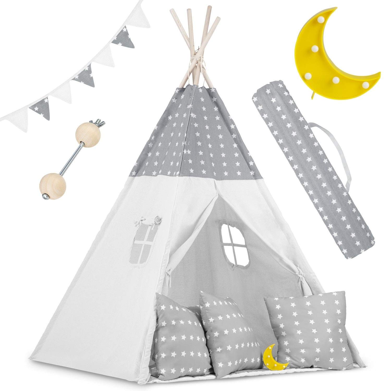 Tipitelt til børn med guirlande og lys - lysegrå med stjerner