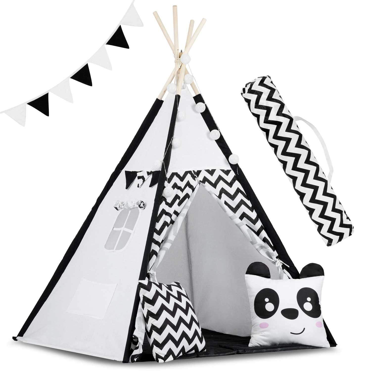 Tipitält för barn med girlang och lampor - svart och vitt med panda | Hem & Hobby | Pryloteket