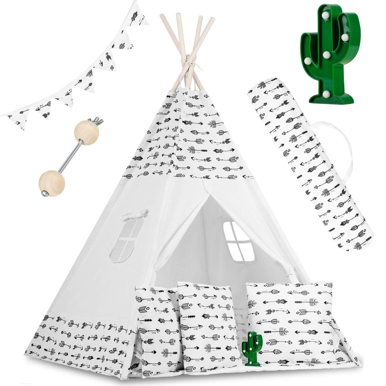 Tipitält för barn med girlang och lampor - vitt med pilar | Hem & Hobby | Pryloteket