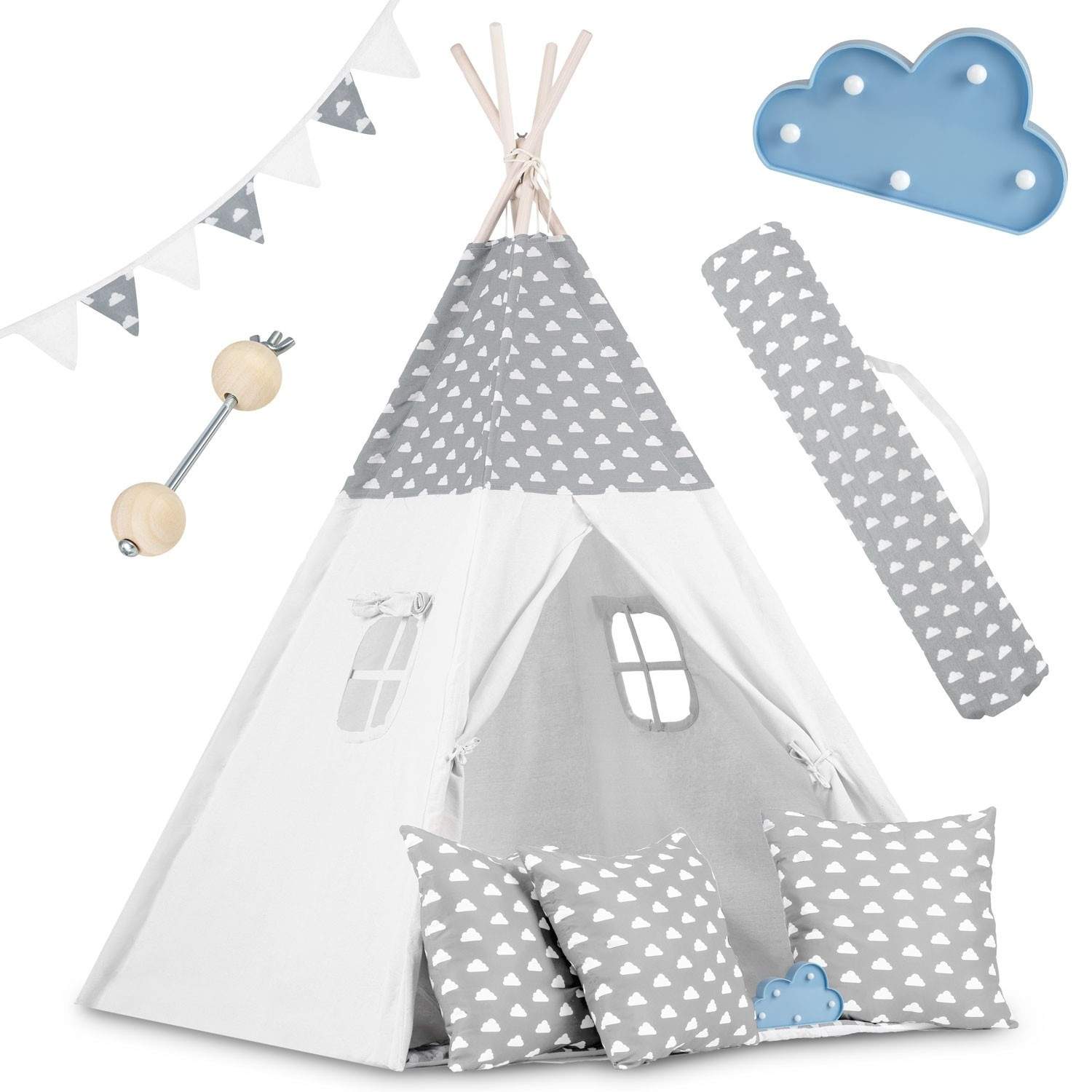 Tipitelt til børn med guirlande og lys - lysegrå med skyer